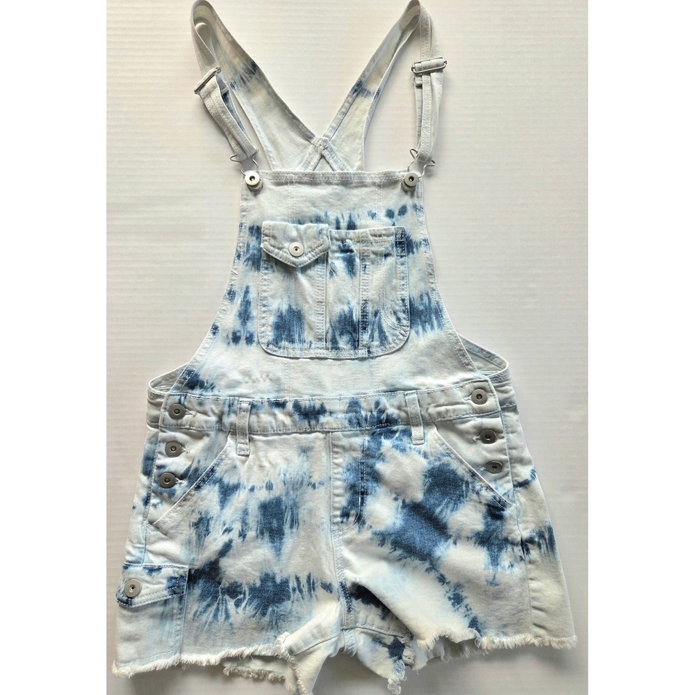 No Boundaries Juniors Blue Tie Dye Denim Shortalls Acid Wash Overalls Size M 7-9